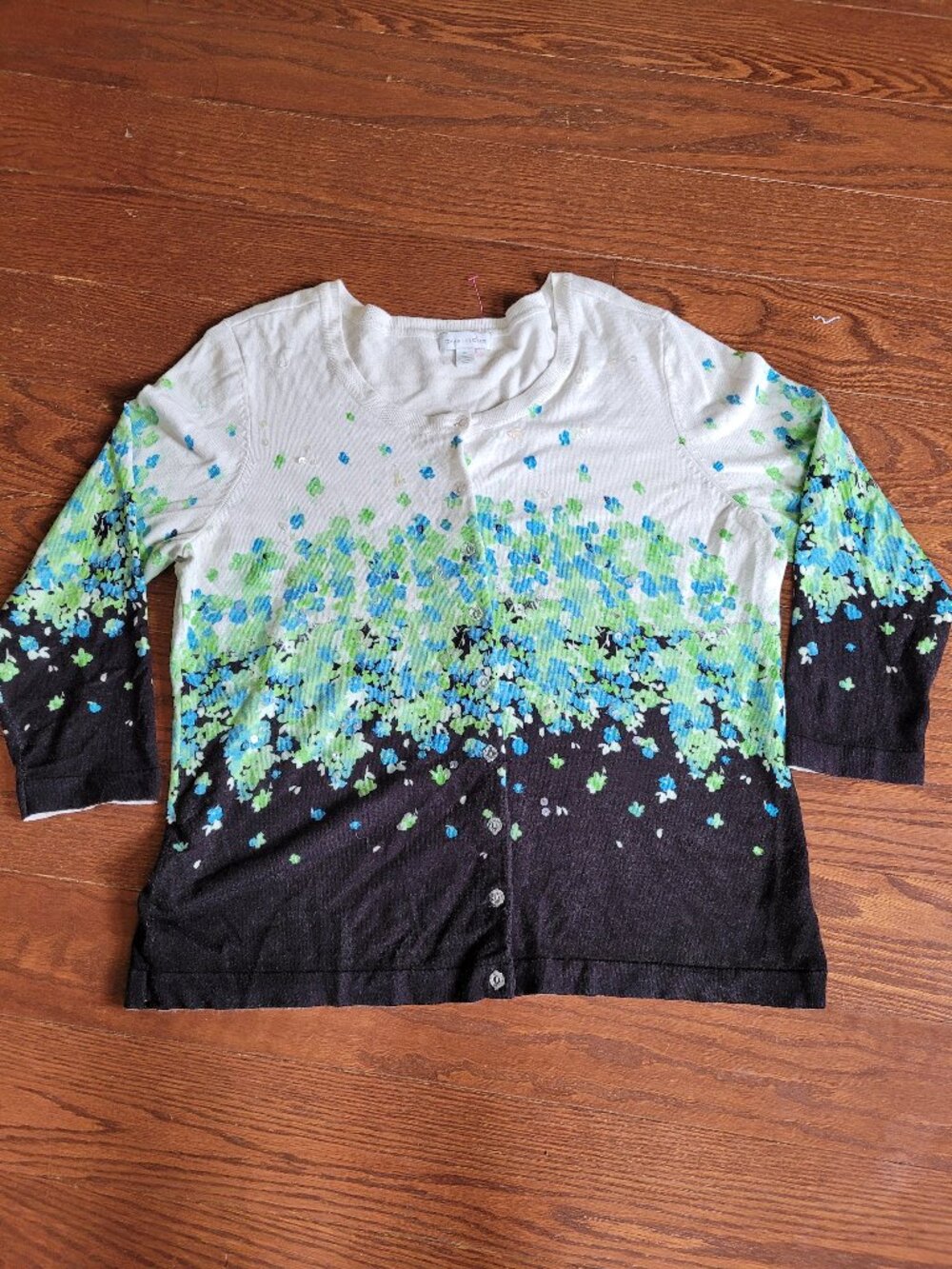 Charter Club Womens XL Floral Cardigan Blue Green Rayon Nylon Button Front Sweat